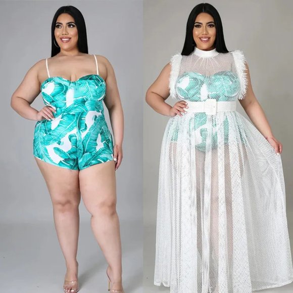 Sexy See-Through Mesh Dress Spaghetti Strap Leaf Print Romper Set - Picture 3 of 15